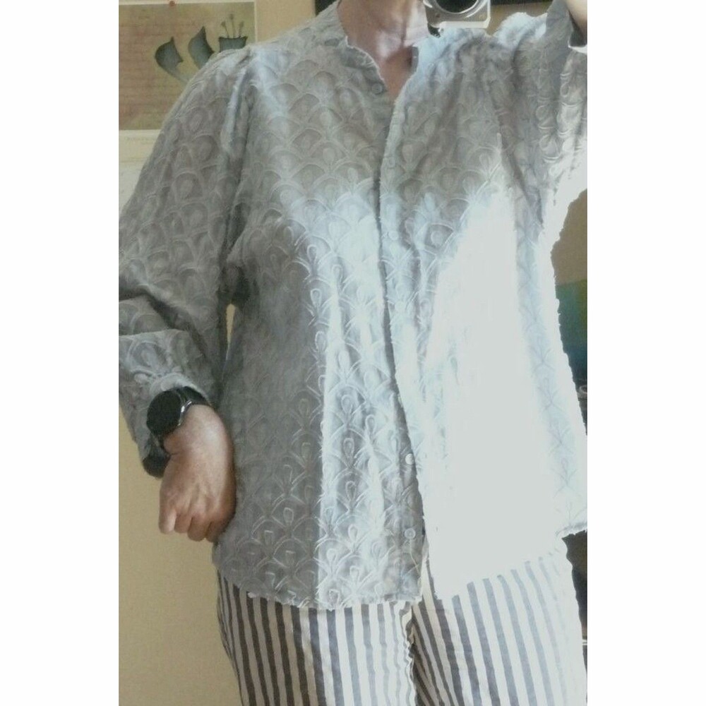 Anthropologie Pilcro Dusty blue Blouse tonal applique cotton voile balloon slv S